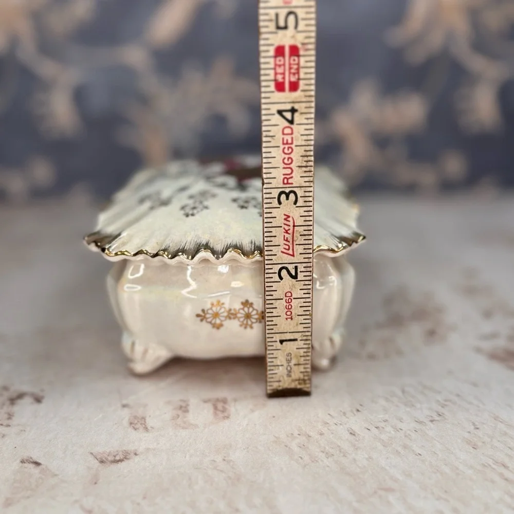 Vintage Japanese Hand-Painted Porcelain Trinket Box Floral Iridescent